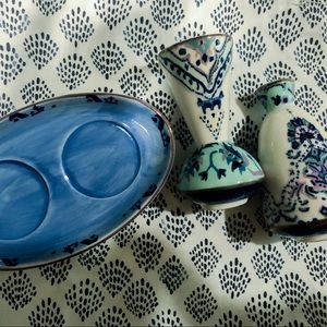 Anthropologie salt and pepper shakers with tray.